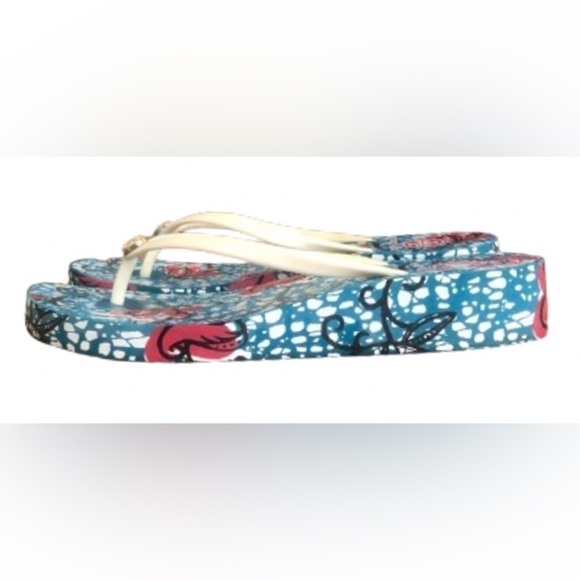 Tory Burch blu & burg floral 1.5” platform flip flops w cream straps SZ 10.5 - Picture 8 of 8